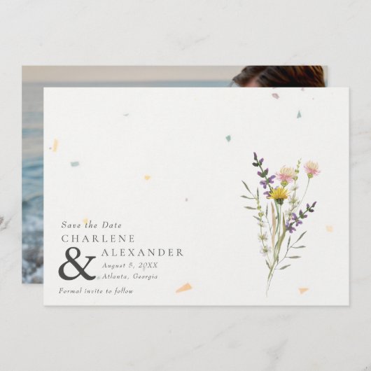 Wildbloem bloementuin foto bruiloft save the date (Voorkant / Achterkant)