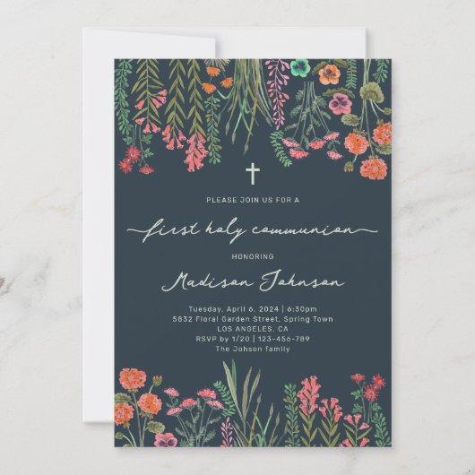 Wildbloem donkerblauw Eerste Heilige Communie Kaart (Voorkant)