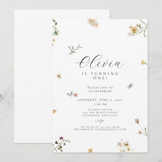 Wildbloem eerste verjaardag boho kaart (Voorkant / Achterkant)