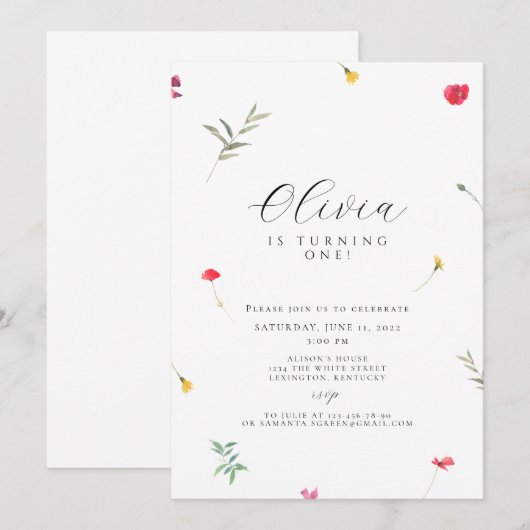 Wildbloem eerste verjaardag boho kaart (Voorkant / Achterkant)