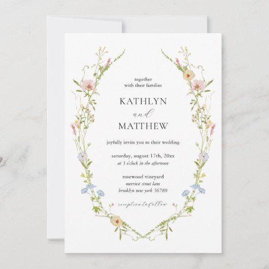 Wildbloem Elegant Modern Floral Wreath Bruiloft Kaart (Voorkant)