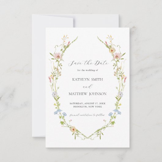 Wildbloem Elegant Modern Floral Wreath Bruiloft Save The Date (Voorkant)