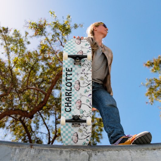 Wildbloem en geruit patroon persoonlijk skateboard (Buiten 1)