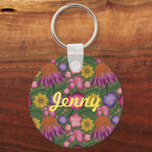 Wildbloem Groene Floral, gepersonaliseerd Sleutelhanger (Voorkant)