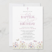 Wildbloem Heilige Doop & 1e Verjaardag Roze Script Kaart (Voorkant)