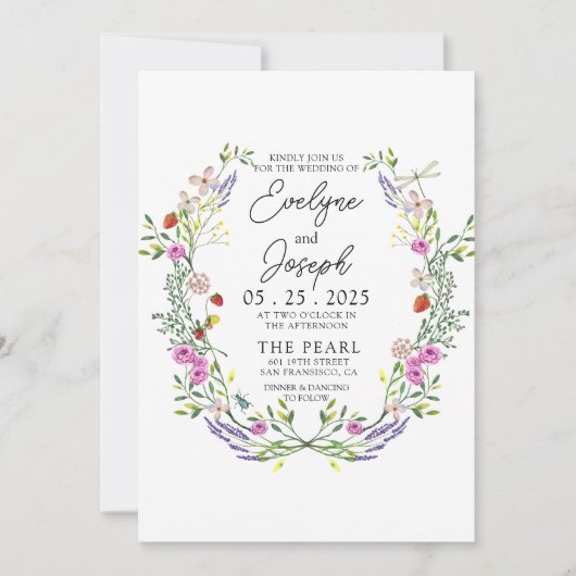 Wildbloem Kleurrijke Groen Bloemen Krans Bruiloft Kaart (Voorkant)