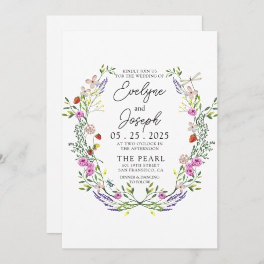 Wildbloem Kleurrijke Groen Bloemen Krans Bruiloft Kaart (Voorkant / Achterkant)