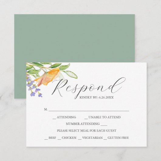 Wildbloem met Maaltijdkeuze RSVP-kaarten RSVP Kaartje (Voorkant / Achterkant)