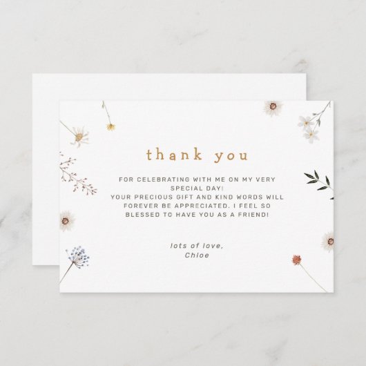Wildbloem minimale bloemen bedankkaart (Voorkant / Achterkant)