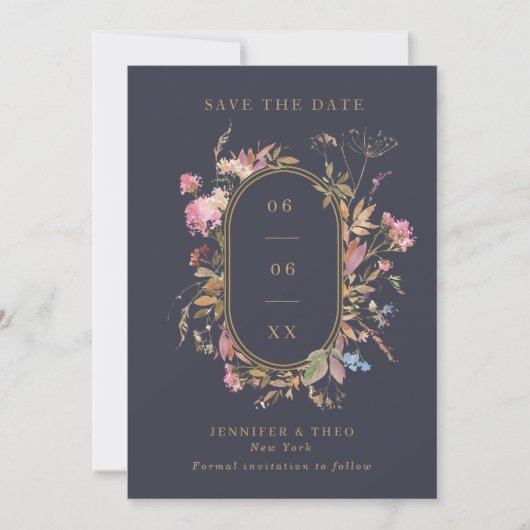 Wildbloem Navy & Gold Lijst Weddenfoto Save The Date (Voorkant)