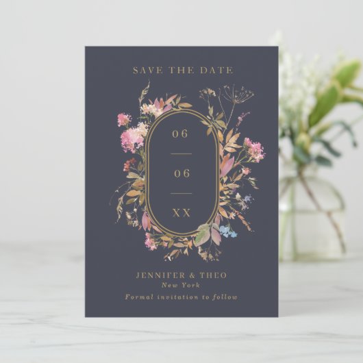 Wildbloem Navy & Gold Lijst Weddenfoto Save The Date (Staand voorkant)