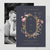 Wildbloem Navy & Gold Lijst Weddenfoto Save The Date (Voorkant / Achterkant)