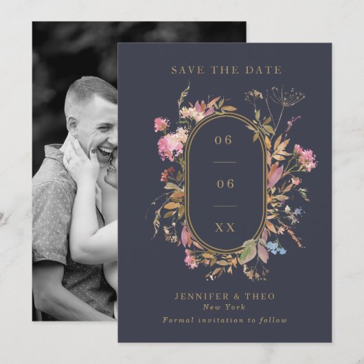 Wildbloem Navy & Gold Lijst Weddenfoto Save The Date (Voorkant / Achterkant)
