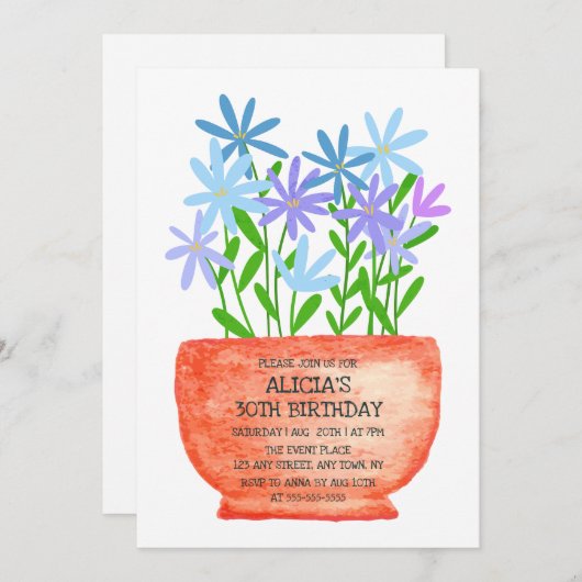 Wildbloem op pot botanische verjaardag uitnodiging (Voorkant / Achterkant)