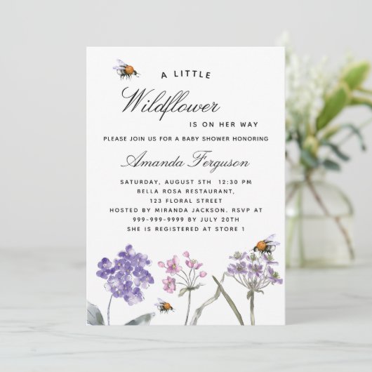 Wildbloem paarse roze bijen meisje baby shower kaart (Staand voorkant)
