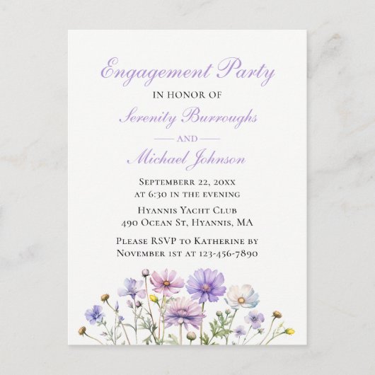 Wildbloem Paarse Waterverf Bloemen Verloving Uitnodiging Briefkaart (Voorkant)