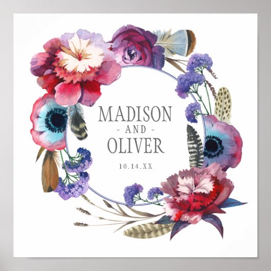 Wildbloem Peony Floral met veren | Weddenschap Poster (Voorkant)