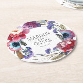 Wildbloem Peony Floral met veren | Weddenschap Ronde Kartonnen Onderzetter (Gebogen)