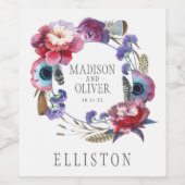 Wildbloem Peony Floral met veren | Weddenschap Wijn Etiket (Enkel label)