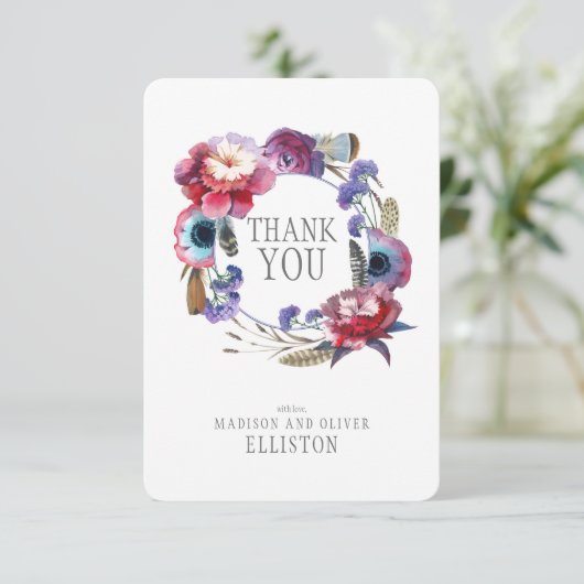 Wildbloem Pioen Bloemen met Veren | Dank u Bedankkaart (Staand voorkant)