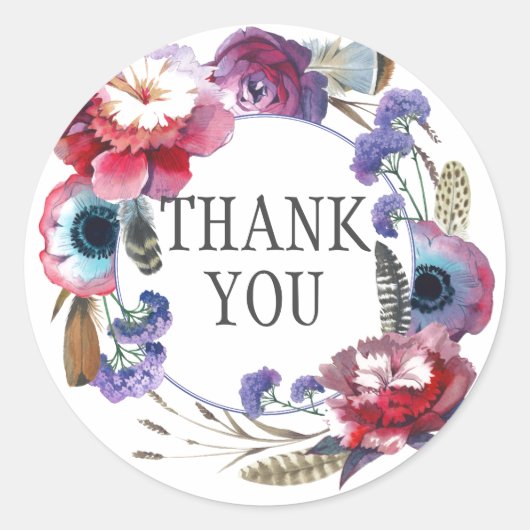 Wildbloem Pioen Bloemen met Veren | Dank u Ronde Sticker (Voorkant)