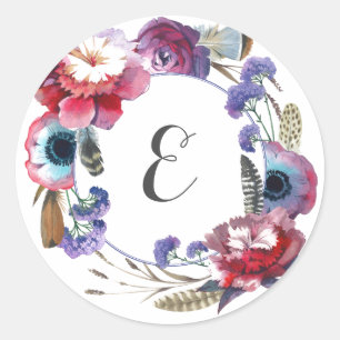 Wildbloem Pioen Bloemen met Veren   Monogram Ronde Sticker