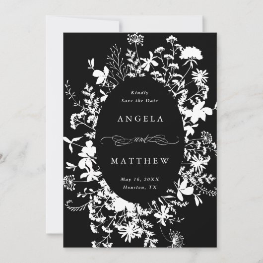 Wildbloem Silhouet Bruiloft Zwart & Wit Foto Save The Date (Voorkant)