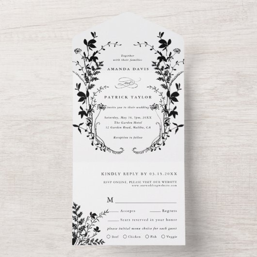 Wildbloem Silhouet Krans Bruiloft Zwart & Wit All In One Uitnodiging (Binnen)