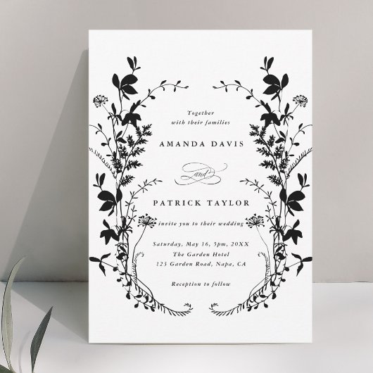 Wildbloem Silhouet Krans Bruiloft Zwart & Wit Kaart