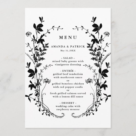 Wildbloem Silhouet Krans Bruiloft Zwart & Wit Menu (Voorkant)