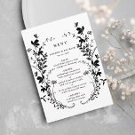 Wildbloem Silhouet Krans Bruiloft Zwart & Wit Menu<br><div class="desc">Dit elegante huwelijksmenu heeft een silhouet van wilde bloemen als krans en initialen op de achterkant. Voor meer geavanceerde aanpassing van dit ontwerp,  klikt u op de BLUE DESIGN TOOL BUTTON hierboven! Overeenkomende objecten zijn ook beschikbaar.</div>