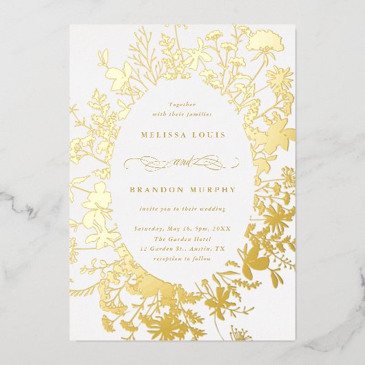 Wildbloem Silhouet Ovaal Lijst Bruiloft Goud Folie Uitnodiging (Voorkant)