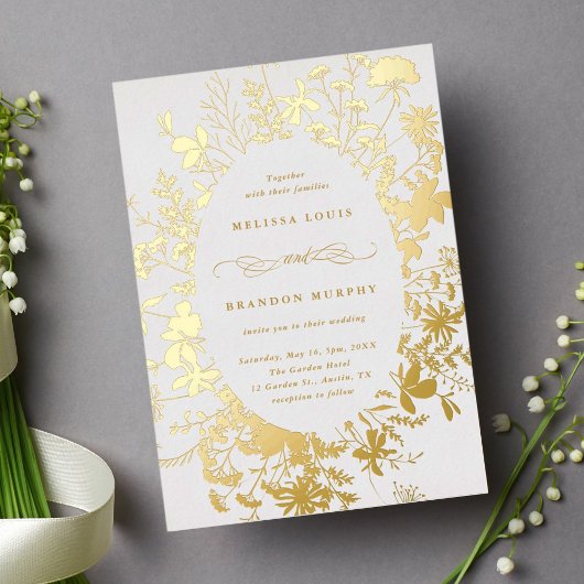 Wildbloem Silhouet Ovaal Lijst Bruiloft Goud Folie Uitnodiging