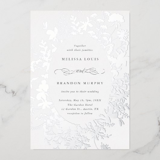 Wildbloem Silhouet Ovaal Lijst Bruiloft Zilver Folie Uitnodiging (Voorkant)