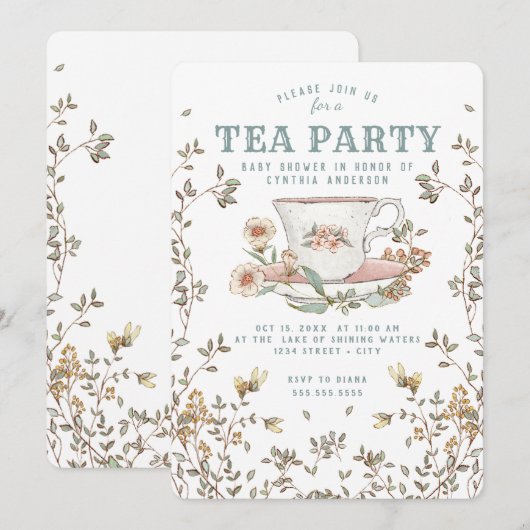 Wildbloem Tea Party Baby shower Invitation Kaart (Voorkant / Achterkant)