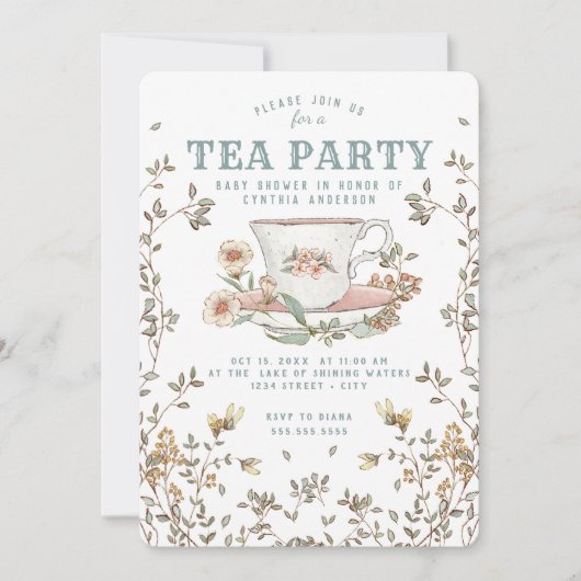 Wildbloem Tea Party Baby shower Invitation Kaart (Voorkant)