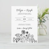 Wildbloem Zwart & Wit Boho Chique Modern Bruiloft Kaart (Staand voorkant)