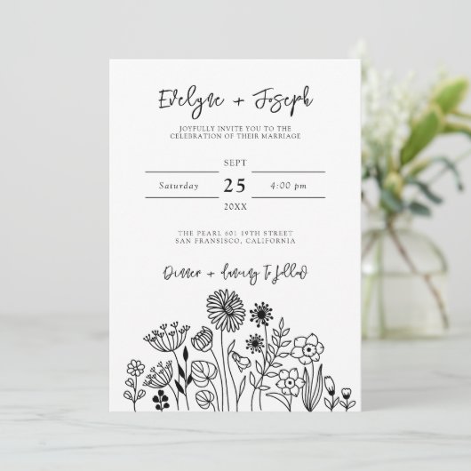 Wildbloem Zwart & Wit Boho Chique Modern Bruiloft Kaart (Staand voorkant)