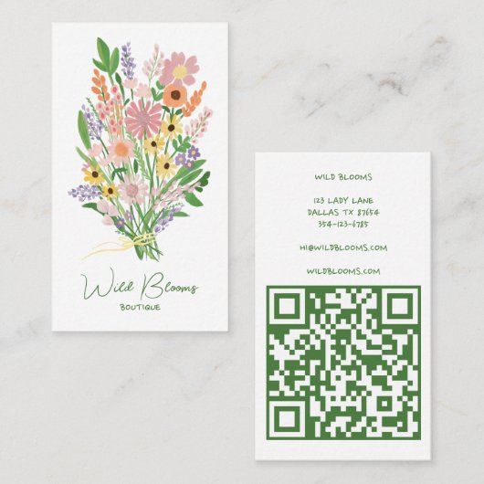 Wildbloemboeket Rustieke Handgemaakte Bloemen QR C Visitekaartje (Voorkant / Achterkant)