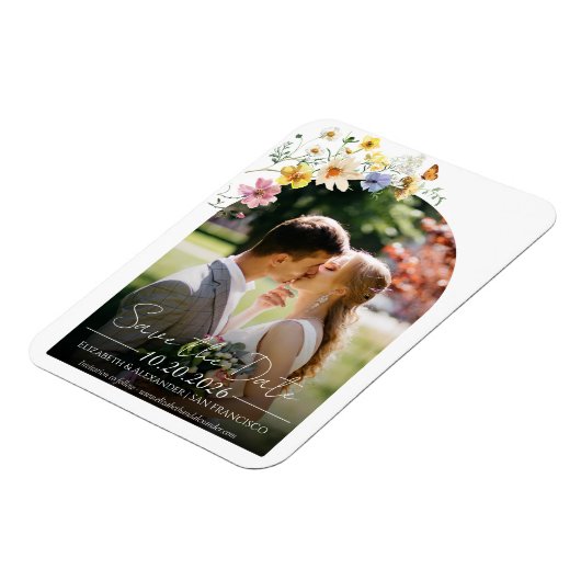 Wildbloemboog | Boho Foto De datum opslaan Magneet (Linkerzijde)