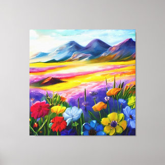 Wildbloemen aan de voet van een berg canvas afdruk
