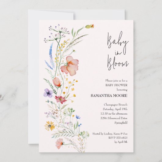 Wildbloemen Baby Girl Shower Invitations (Voorkant)