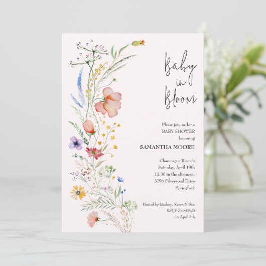 Wildbloemen Baby Girl Shower Invitations (Staand voorkant)