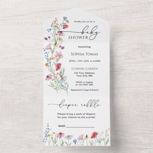 Wildbloemen Baby shower All In One Uitnodiging (Binnen)