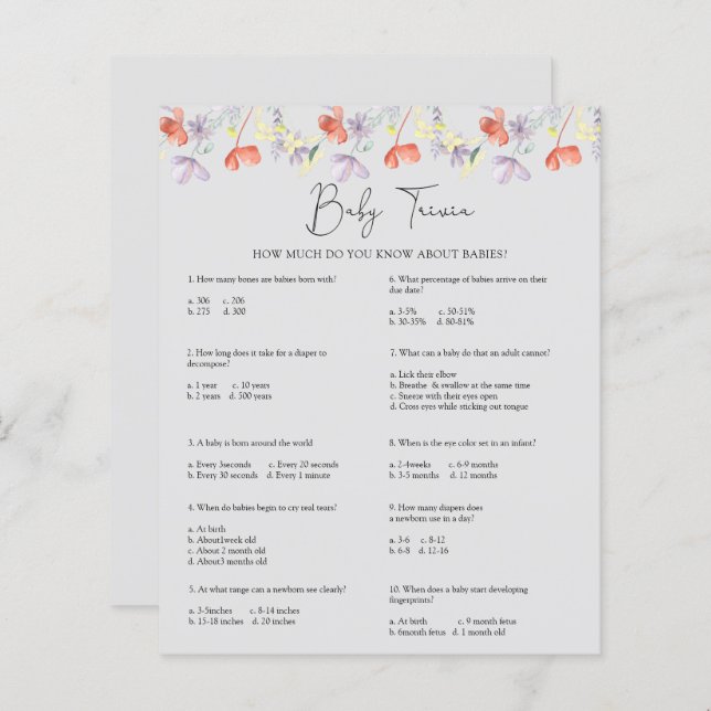 Wildbloemen Baby Trivia | BABY SHOWER (Voorkant / Achterkant)
