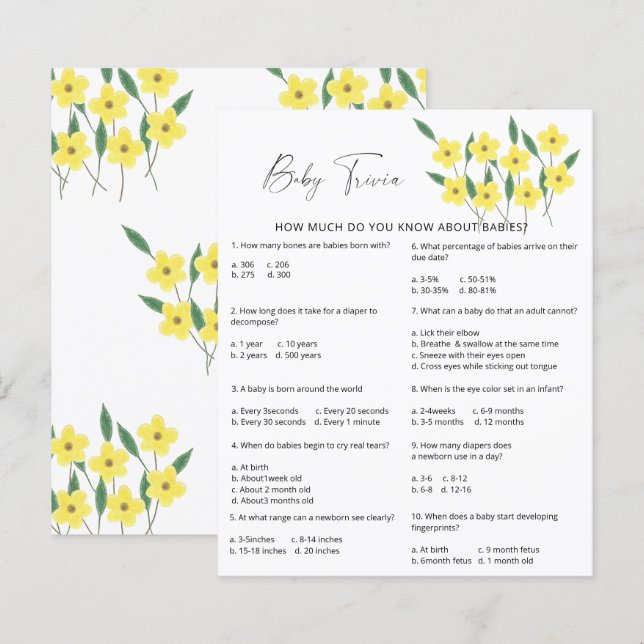 Wildbloemen Baby Trivia | BABY SHOWER (Voorkant / Achterkant)