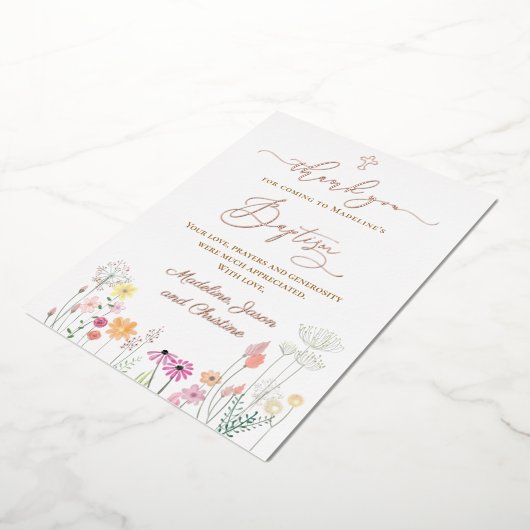 wildbloemen Baptisme bedankt voor je komst Folie Uitnodiging (Gedraaid)