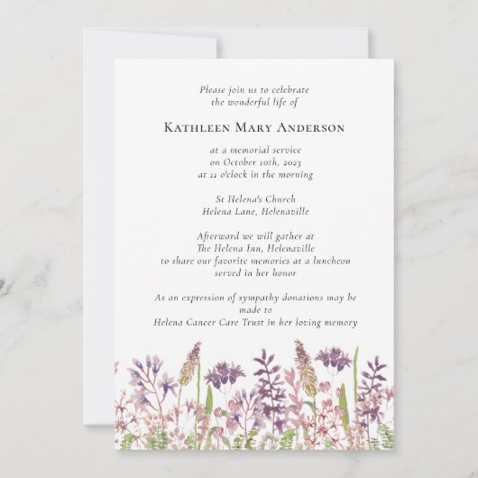 Wildbloemen begrafenisviering van het leven kaart (Achterkant)