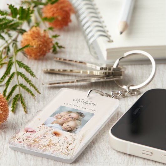 Wildbloemen beige foto monogram sleutelhanger (Voorkant Rechts)