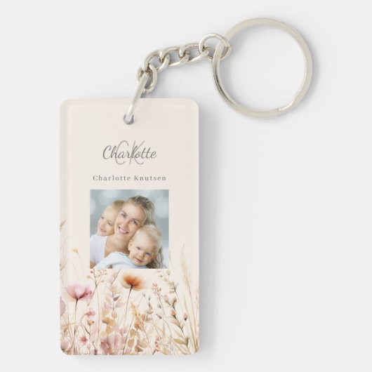 Wildbloemen beige foto monogram sleutelhanger (achterkant)